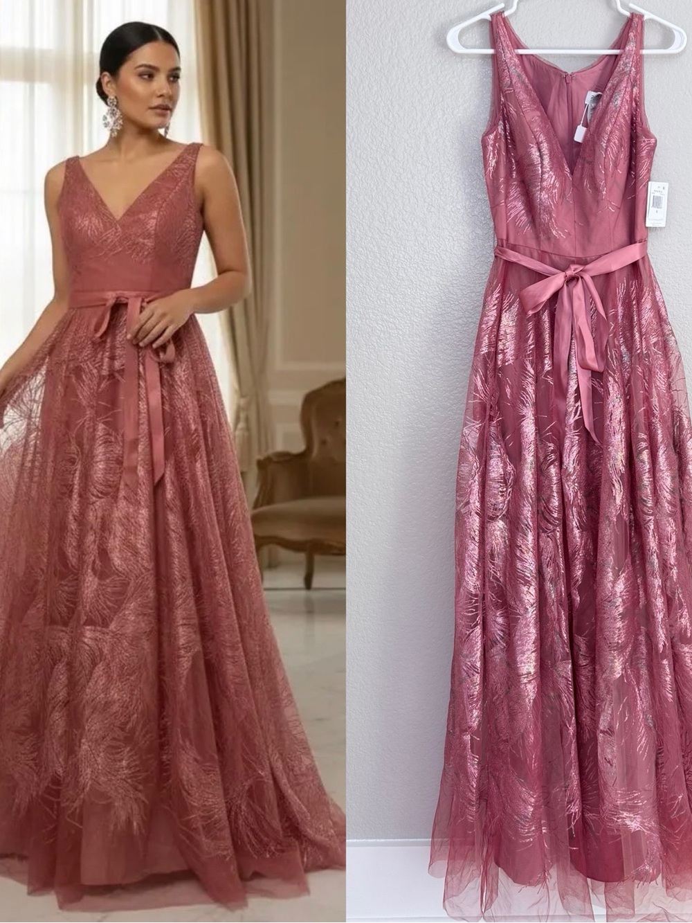 Formal a gown by Rene Ruiz Dusty Rose Matte Sequin Lace V-Neck Maxi Dress Satin